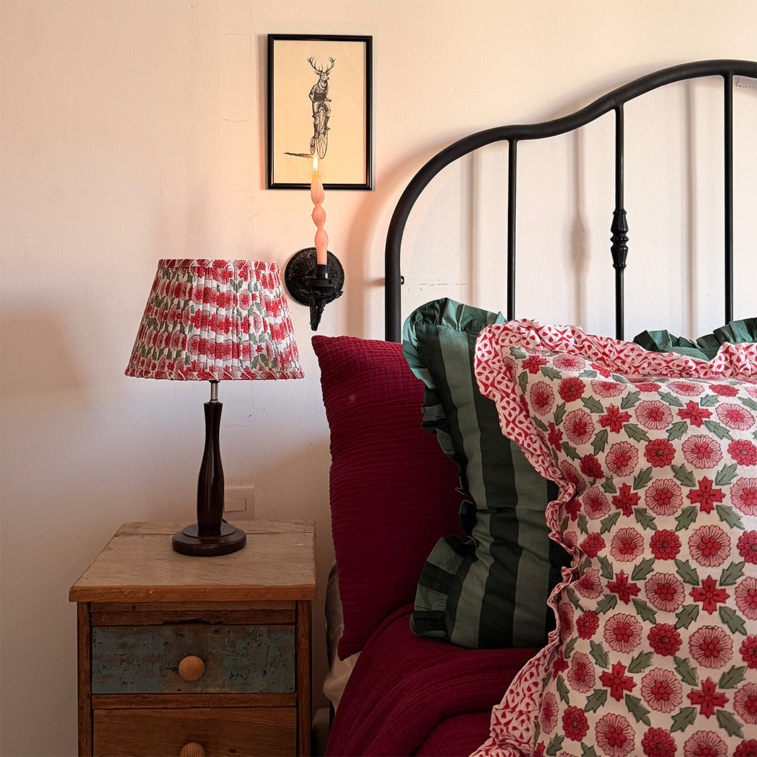 PANTALLA DE LÁMPARA ESTAMPADO DE FLORES ROSAS ROJAS Y VERDES