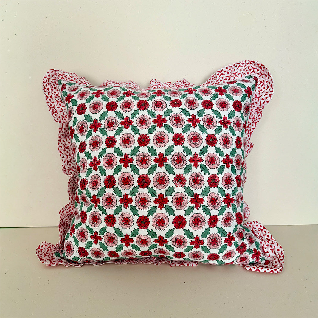 FUNDA DE COJÍN ESTAMPADO DE FLORES ROSAS ROJAS Y VERDES